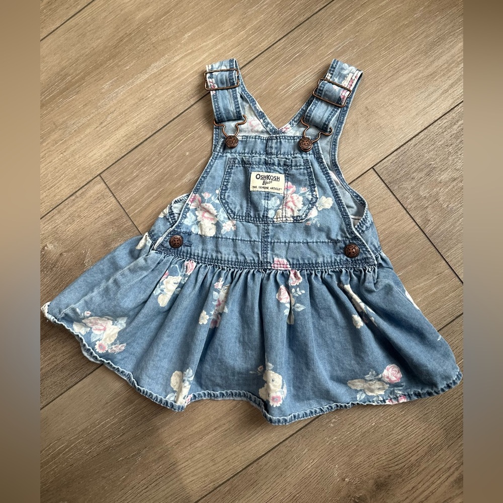 OshKosh B'Gosh Baby Girls Dress Overalls • Floral Denim • Size 9 M • Like New